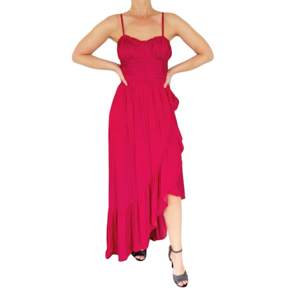 Ramy Brook red satin spaghetti strap corset ruffle trim gown size 2